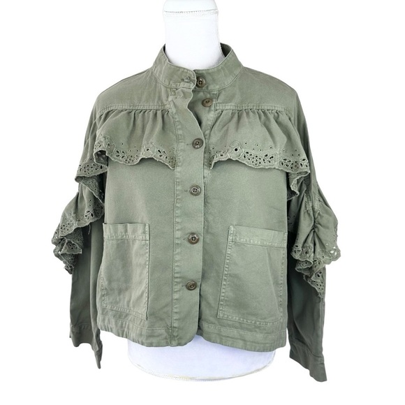 The Great eyelet army utility military jacket ruffle cropped olive green XS/0 - Picture 2 of 16